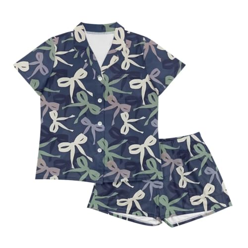 Image of Renewold Button Down Womens Pajama Set Short Sleeve Loungewear Bow Nightwear Sleepwear Night Suit Tops Shorts 2 Pieces