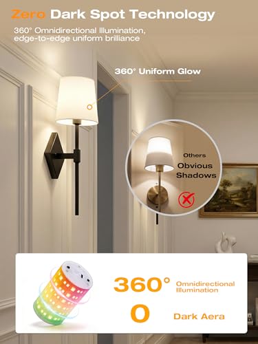 Image of CLOUDY BAY 10000mAh Battery Operated Wall Sconces,Up to 100 Hours with Rechargeable RGB Dimmable Magnetic Bulb,Cordless Wall Lighting Fixtures with Remote for Bedroom,Black,2 Pack-18in