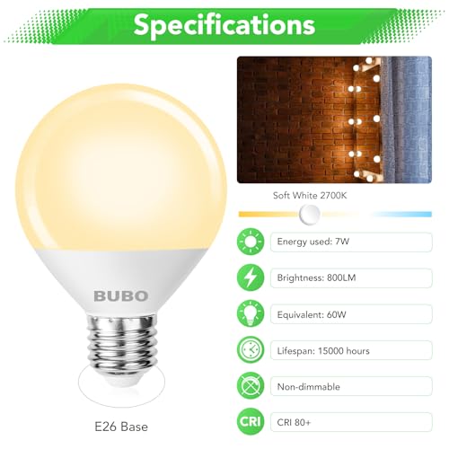 Image of BUBO Vanity Light Bulbs for Bathroom Over Mirror, 60 Watt Equivalent, Soft White 2700K, G25 Globe Light Bulb 800 Lumens, Round Bulb with E26 Medium Base, 7W, Non-Dimmable, 6 Pack