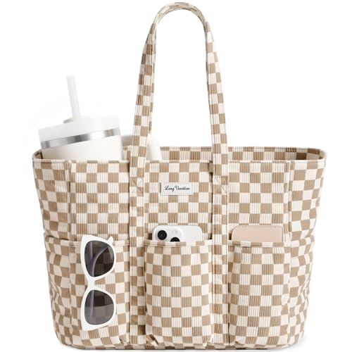 LONG VACATION Corduroy Tote Bag for Women - Large Work Laptop Bag with 16 Pockets & 40oz Cup Holder - Teacher Nurse Bag for School Travel Gym