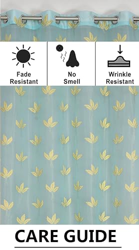 Image of IVAZA Polyester Semi-Transparent Leaf Embroidered Curtain ? Sheer Voile Panel with Eyelets ? Lightweight & Airy ? Ideal for Living Room, Bedroom, Balcony Window- 5 Feet (Pack of 1) Firozi