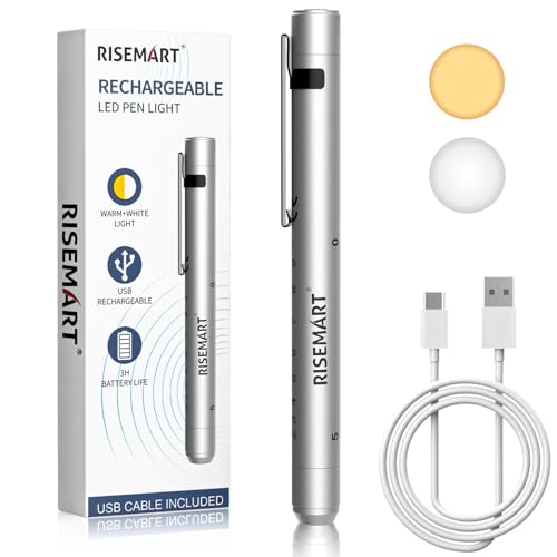 RISEMART Rechargeable Pen Light for Nurse, Rechargeable LED Portable Medical PenLight for Nurse, Doctor, First Aid, EMT, Nursing,Nursing Student,Warm/Cool White Silver1