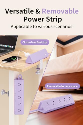 Image of 6.5 FT Desk Clamp Power Strip with 5 AC Outlets & 6 USB Ports PD 40W USB-C Fast Charging, Extension Cord with Multiple Outlets, Fits 2.1 in top Edge Purple