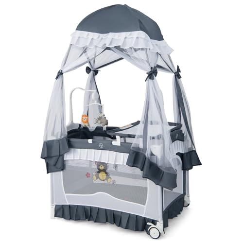 Image of HONEY JOY 4-in-1 Pack and Play with Canopy, Portable Baby Playard w/Changing Table and Infant Bassinet Cute Toys & Music, Foldable Bassinet for Newborn and Toddler(Gray)