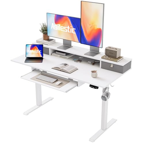 Image of Agilestic Electric Standing Desk with 2 Drawers and Keyboard Tray, 48 x 23 Inches Ergonomic Adjustable Height Desk with Storage, Sit Stand Computer Workstation, White