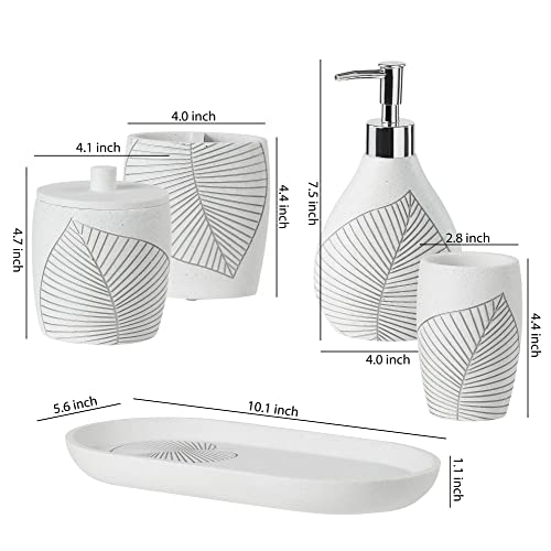 Elegant Leaf Design,5-Pieces Bathroom Accessories Set Hight Quality Polyresin Ensemble-Lotion Dispenser/Toothbrush Holder/Cotton Jar/Tray/Tumbler Cup