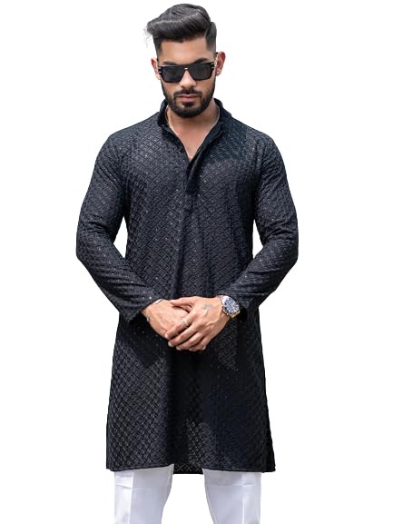 Image of Men's Floral Embroidered Cotton Rich Traditional and Lakhnavi Ethnic Wear Straight Partywear Kurta Set Pack Of 01.