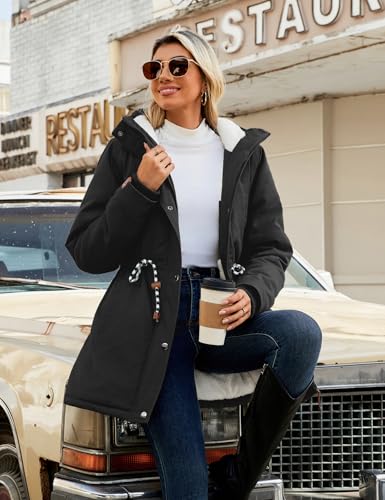 TOMEEK Damen Winterjacke Winter Warm Wintermantel Damen Lang Winterparka mit Teddyfell Gefüttert Kapuzenmantel Mantel Parka Damen-Mäntel Jacke Fleecemantel Skijacke(Schwarz,XL)