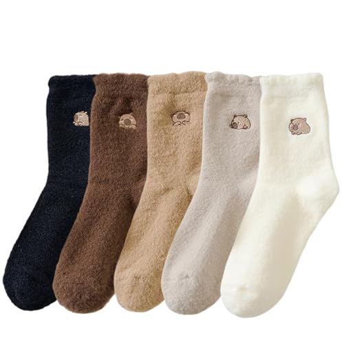EAYORTOU Fuzzy Capybara Socks for Women Cute Fluffy Slipper Sock Cozy Casual Calf Socks Size 5 to 9 (Capybara 5 Pairs)
