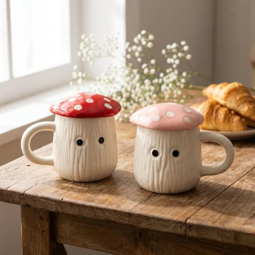 Image of Mushroom Ceramic Mugs Set of 2 Red Pink | 300ml Coffee Tea Cups with Lids Polka Dot | Microwave Dishwasher Safe | Valentine Couple Gift | Kawaii Home Decor Kitchen Dining Handmade India