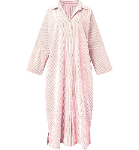 Image of ebossy Women's Oversized Boho Striped Shirt Dress Button Up Long Sleeve Flowy A Line Caftan Dress with Pockets