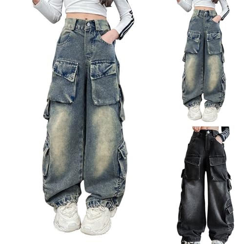 Girl's Elastic Waist Ra𝚠 Trim Denim Pants Wide Leg Jeans with Pocket Girl's Wide Leg Bow Jeans Casual Denim Pant