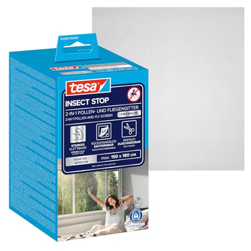 tesa INSECT STOP 2-in-1 Pollen- und Fliegengitter Premium - zuschneidbarer, transparenter Pollenschutz für Allergiker - inkl. selbstklebendem Klettband - Anthrazit - 150 cm x 180 cm