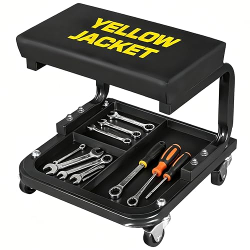 YELLOW JACKET Mechanic Rolling Stool 250 Lbs Capacity Garage Stool on Wheels with Tool Tray Storage Work Stools with Wheels for Garage Shop Mechanic Chair with Wheels Auto Repair