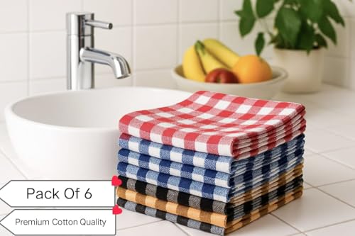 Image of Kitchen Towels Cotton Pack of 6 | Large Checkered Dish Cloths | Highly Absorbent Cleaning & Wiping Cloths for Kitchen | Reusable Tea Towels