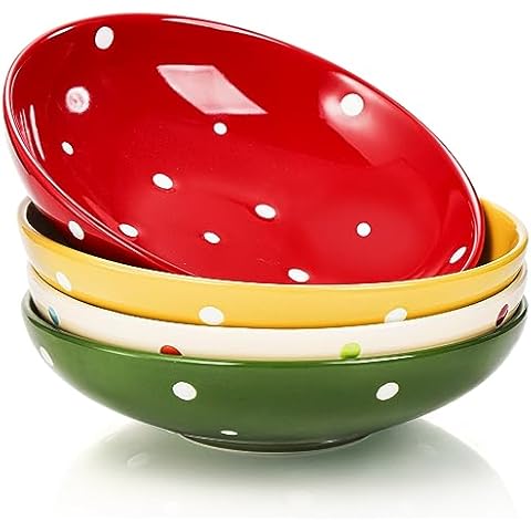 AVLA 4 Pack Ceramic Pasta Bowls, 8" Salad Serving Bowl Set, 28 OZ Large Wide Dinner Bowl Soup Plate, Deep Serving Dish for Kitchen, Noodle, Soup, Fruit, Dessert, Microwave Dishwasher Safe Cover