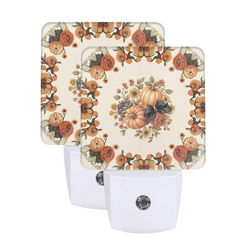Image of Pumpkin Fall Night Lights Sunflowers LED Plug-in Night Light 2-Pack, Auto Sensor Nightlights Set of 2 for Bedroom Bathroom