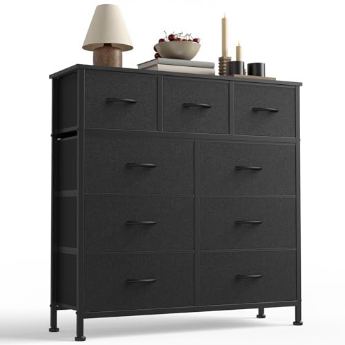 Sweetcrispy 9-Drawer Fabric Dresser Storage Tower with Wood Top and Steel Frame, Organizer Chest...
