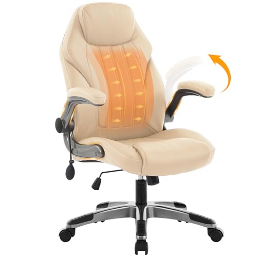 Office Desk Chair, Ergonomic Computer Chair with Padded Flip-Up Arms and Adjustable Lumbar Support, PU Leather Executive Chair with Tilt Lock and 360° Swivel Rolling Wheels for Work, Study