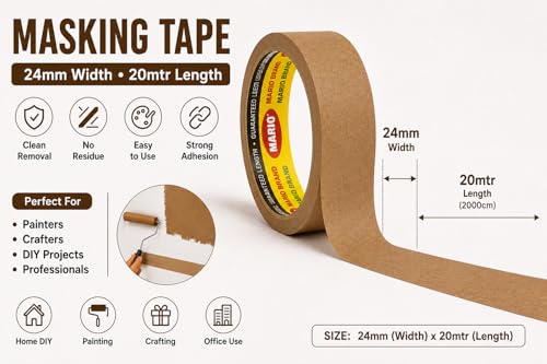 Image of Mario Brown Masking Tape - 20 Meter Length, 24mm Width - Surface Protection Tape for Paint, Decoration & Automotive Use - Pack of 6 Rolls