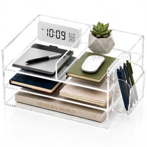Clear-Acrylic-Desk-Organizer-with-Pencil-Holder--Paper-Tray-Office-Storage Clear Acrylic Desk Organizer with Pencil Holder – Paper Tray Office Storage - Image 1