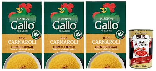 Gallo Riso Riserva Carnaroli, 100% arroz italiano, tiempo de cocción 15 minutos, ideal para risottos, paquete de 1 kg + lata italiana Gourmet Polpa di Pomodoro de 400 g