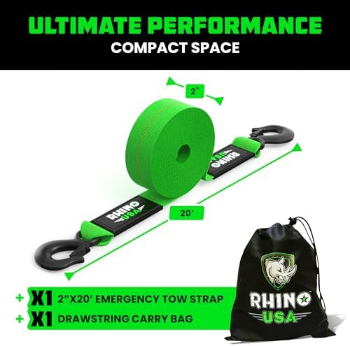 Rhino USA Tow Strap with Hooks (2 Inch x 20 Foot) Lab Tested 10,321lbs Break Strength - Heavy Duty Emergency Towing Straps with Forged Steel Hooks for Roadside Recovery - Not for Off-Road Recoveries