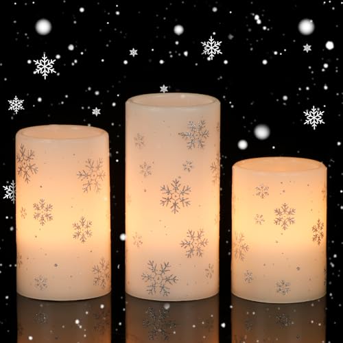 Image of Eldnacele Christmas Flickering Flameless Candles with 6 Hour Timer, Silver Snowflake Decal Battery Operated Real Wax LED Pillar Candles Home Tabletop Holiday Decor(3Pcs,3x4 /5 /6 Inches)