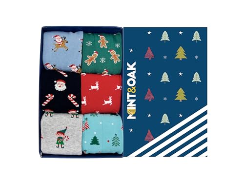 Image of Mint & Oak Printed Christmas Socks For Men, Cotton Crew Colorful Secret Santa Gift Box for Men, Xmas Calf Length Boys Socks With Fun Prints - Gift Box