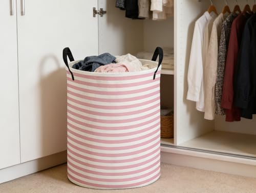 Image of ESSME Kids Laundry Basket,Pink Hamper Collapsible Canvas Waterproof Storage Bin for Girls, Cute Hamper,Gift Baskets(Pink stripes)