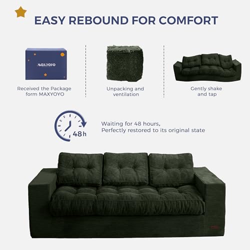 MAXYOYO 3 Seater Couch for Living Room, Boneless Couch with Tufted Cushion & Backrest, Upholstered Floor Sofa with Armrests, Sofa in A Box, No Assembly Required, Green