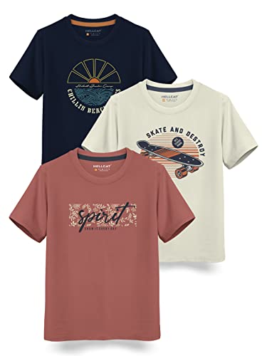 Image of HELLCAT Boys Round Neck Printed Blended Cotton Tshirt -Combo Pack of 2 - Orange /Blue