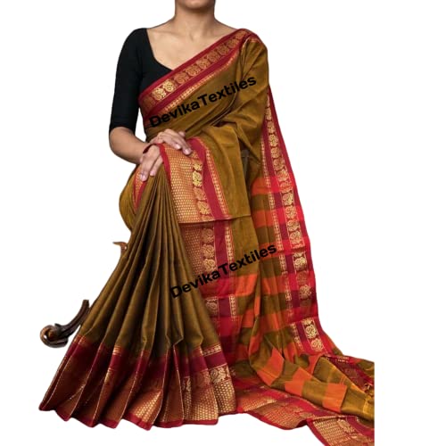 Image of Narayanpet Pure Cotton Saree With Running Blouse piece For womens (Khaki)