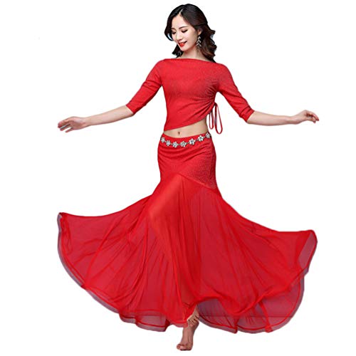 LaoZan Abbigliamento Danza Orientale 3 Pezzi Maxi Gonna Performance Costume di Danza del Ventre (Rosso, Asia L)
