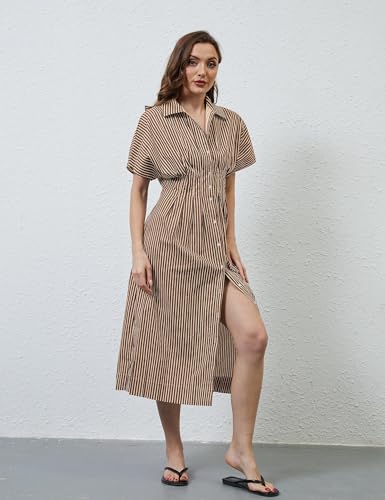 Image of MSBESYOR Women Button Front Pleated Shirt Maxi Dress Summer Striped Prints Short Sleeve Collar Casual Long Dresses