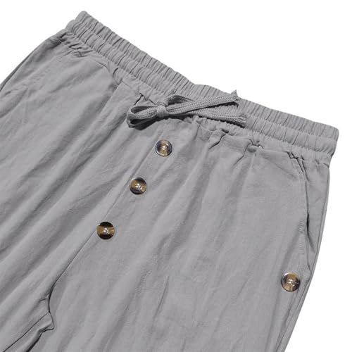 Finelylove Mens Casual Summer Linen Pants Relaxed Fit Button Beach Pants Elastic Waist Drawstring Long Lounge Yoga Trousers4