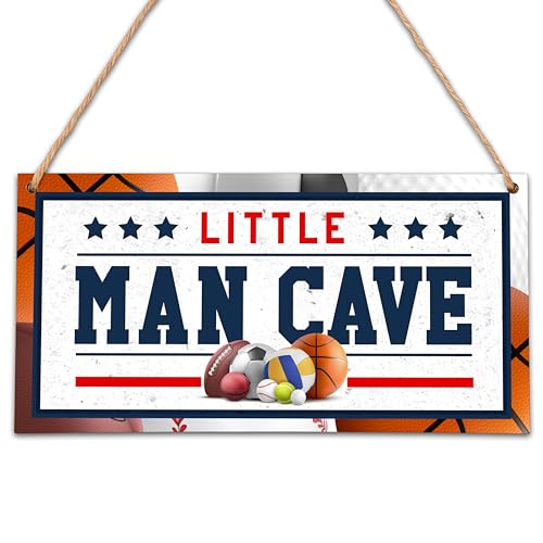 Image of Little Man Cave Sign - 5"x 10" All-Star Sports Wooden Wall Art Decor - Baby Nursery Room Decor For Boys Kids Bedroom Playroom Room Door Signs - A07