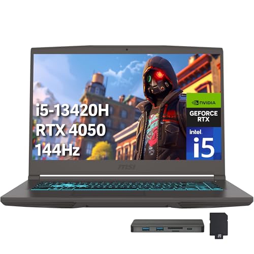 Image of msi Thin 15 15.6 inch FHD 144Hz Gaming Laptop, Intel i5-13420H, NVIDIA GeForce RTX 4050, 16GB DDR4 RAM, 512GB PCIe SSD, Backlit Keyboard, Wi-Fi 6E, HD Camera, Win 11, Gray, 256GB Docking Station Set