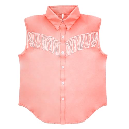 Girls Kids Fringe Vest Sleeveless Western Cowgirl Tassel Trim Casual Blouse Button Down Tassel Vest Shirt Top 5-13Years