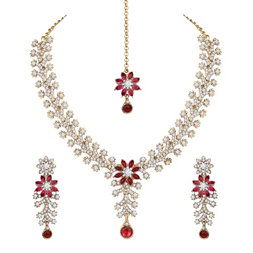 Image of Atasi International Diamond Necklace Jewellery Set for Women with Earrings and Maang Tikka for Wedding, Party, Engagements & Festivals