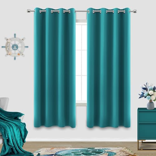 Image of KOUFALL 63 Length Teal Blackout Curtains for Bedroom 2 Panels Set Grommet Top Blackout Block Light Blocking Darkening Blackout-Curtains for Bedroom Teens Girls Living Room,52x63 in Long