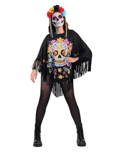 ROC PARTY Womens Day of Dead Skeleton & Skull Pattern Poncho for Parties, Christmas Costume Outfit (Floral Skull)