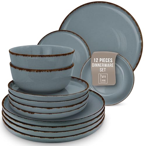 Stoneware dinnerware set 4 persons Rustic 12 pcs - Rustic design dinnerware set, dishwasher safe - Bowl and plate set - Pure Living dinnerware in smoky blue…
