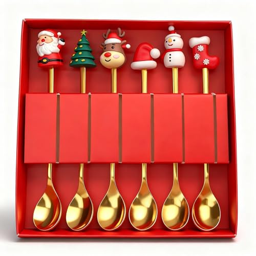 6 Stück Weihnachtslöffel – Goldenes Weihnachtsbesteck mit Figuren...