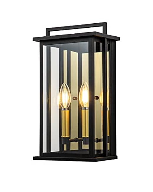 Outdoor Wall Lights with Clear Glass, Black Exterior Porch Lights Wall Mount, Outdoor Wall Sconce with Gold Candelabra Interior, Wall Lantern, Patio Light Fixture for House, Entryway, Garage