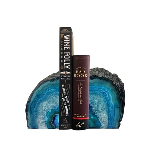 AMOYSTONE Teal Agate Geode Bookends, Unique Natural Crystal Book Holder 2-3 LBS with Rubber Bumpers, Sujetalibros for Small Books and Kitchen Cookbooks, Stylish and Functional 2-3 Pounds Tea