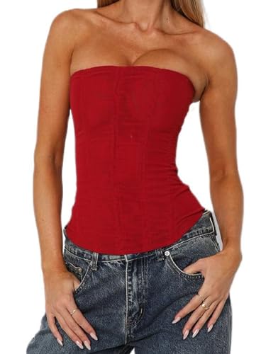 Betrodi Womens Strapless Mesh Corset Off Shoulder Tube Boned Bodyshaper Tops Y2k Going Out Zipper Overbust Bustier Tops Clubwear (Sexy Red S)