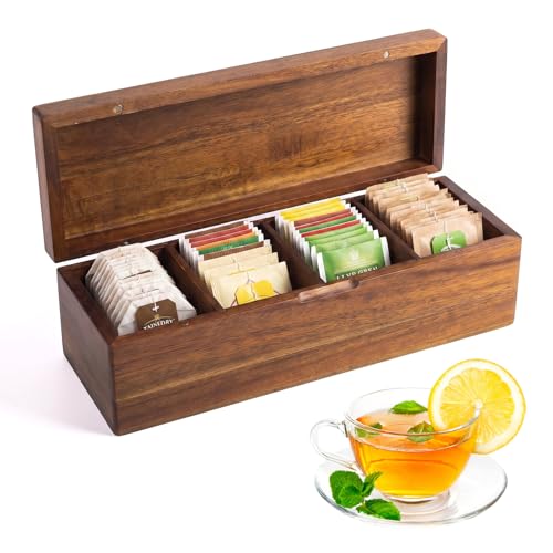 Tea Bag Storage Wooden Tea Box Organiser 4 Compartment Teabag Storage Box for Beverage Supplies Sugar Coffee Spices Individual Packets for Home Kitchen Bar (31x10.5x9.7cm)