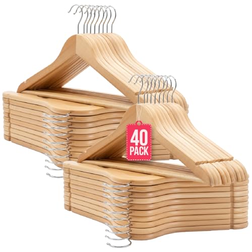 COM-FORT HOUSE – Pack 40 Perchas de Madera Natural Premium con Gancho Giratorio 360° – Resistentes y Elegantes para Armario y Vestidor – Uniformes y Duraderas