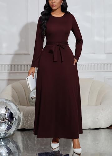 Image of BubFee Long Dress for Women Casual Long Sleeve Dresses Maxi Dress Empire Waist Loose with Belt